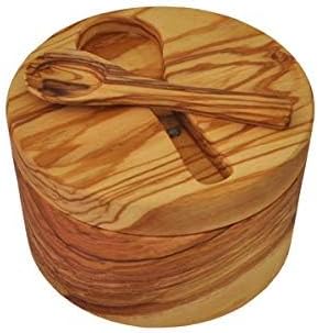 Naturally Med Olive Wood Salt Cellar with Inset Spoon. Magnetic, swivel lid. Spoon is held by a magnet on lid. Salt cellar, salt pot, salt keeper. Natural Olive Wood.