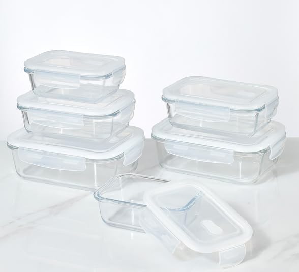 Rectangular Glass Food Storage Containers with Airtight Lids, 5-Piece Set – 34oz, 22oz, 13oz Meal Prep & Leftover Containers, Oven Microwave Freezer Dishwasher Safe