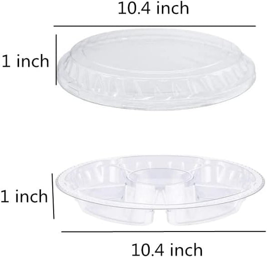 Clear Plastic Appetizer Trays with Lids, Travel Round Disposable Compartment Serving Platters,6 Sectional Catering Trays for Vegetable Salad Food for Fruit Veggie Snack Food Containers (12 Pack)