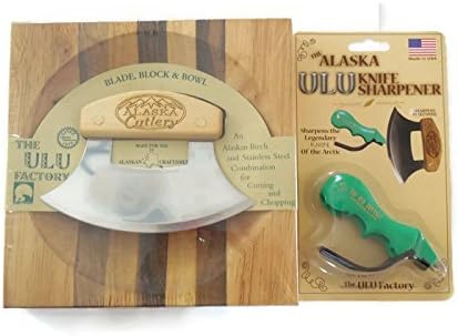 Ulu Knife Alaska Cutlery And Chopping Bowl Set Bundle With Ulu Knife Sharpener, This Ulu Knife Can Be Used As Mezzaluna Chopper, Bolo Rolling Knife And Chopped Salad Tool.