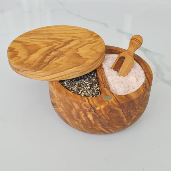 Med Olive Wood Salt Keeper with 2 Section Salt Cellar. Magnetic, Swivel Lid
