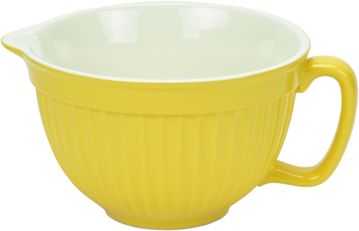 Omniware Simsbury Stoneware Batter Bowl - 2 Quart Mixing Bowl with Handle & Pour Spout - Microwave, Oven, Freezer, Dishwasher Safe - Lead-Free, Food-Safe Glaze (Yellow)