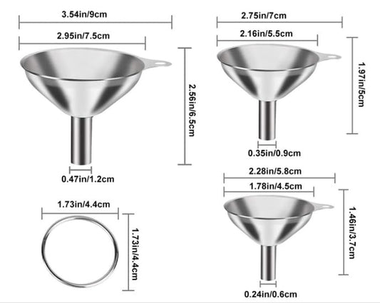 3PCS Kitchen Funnels Set,Stainless Metal Funnel for Filling Bottles - Tiny Small Medium Large for Essential Oils,Spice, Cooking,Powder,Flask๏ผPerfume,Dry Ingredients Powde (Silver)