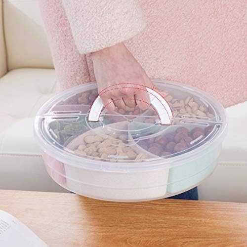 Snack Box with Lid and Handle, Divided Tray Large Round Plastic, Colorful Compartments Serving Box for Biscuit,Candy,Nut,Picnic,Party Food Container, Easy Distinguish Sealed Fruit Organizer Platter