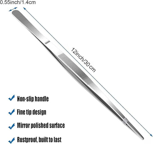 2Pcs Stainless Steel Kitchen Tweezers, 12-Inch Culinary Fine Tweezer Tongs
