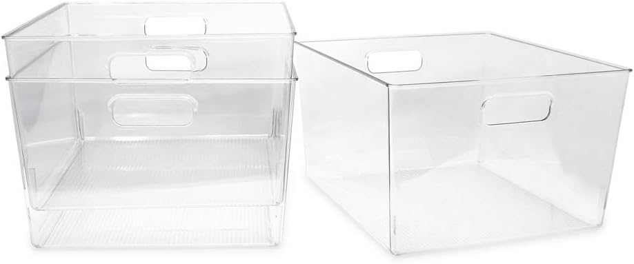 Isaac Jacobs 3-Pack Medium Clear Storage Bins with Handles, Plastic Organizer for Home or Fridge/Freezer, Pantry and Kitchen Non-Slip Container Set, BPA Free, Food Safe (3-Pack, Medium)