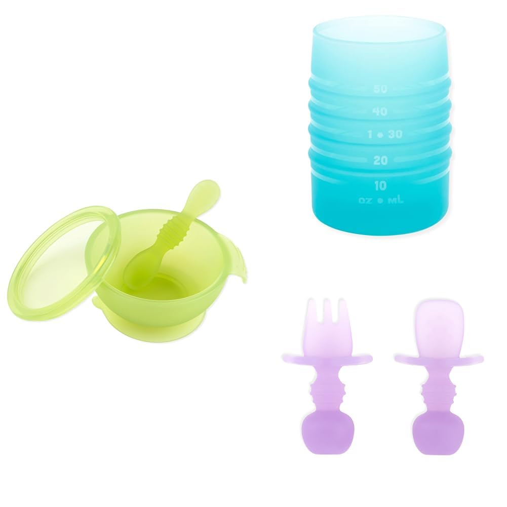 Bumkins Baby Bowl, Silicone Feeding Set with Suction for Baby and Toddler, Includes Double-Ended Spoon and Lid, Set of Chewtensils Training Utensils and Starter Cup, for Baby Led Weaning 4 Mos Up