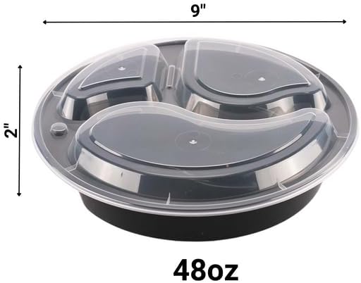 48oz - 3 Compartment - Disposable Black Meal Prep/Bento Box with Clear Dome Lids - Round Plastic Meal Containers - Reusable Box : Perfect For Salad, Meal Prep and Fruits : Set of 10
