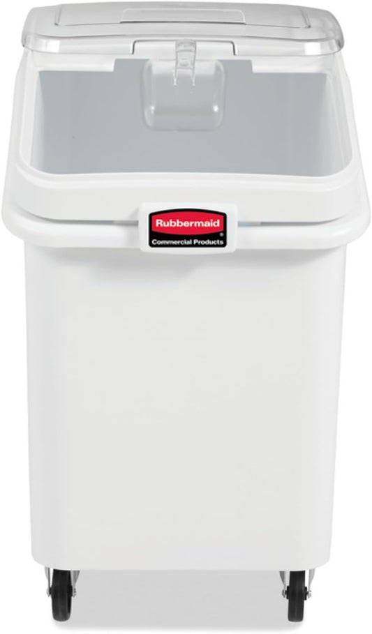 Rubbermaid Commercial Products ProSave Shelf-Storage Ingredient Bin With Scoop, 600-Cup capacity, Plastic, White, Sliding Lid, Container with Wheels for Kitchen/Restaurant Food Organization