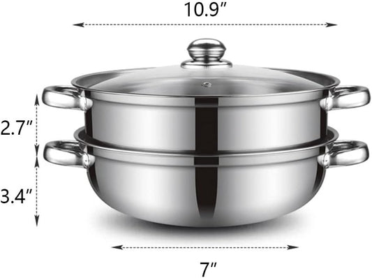 Steamer Pot for Cooking 11 inch Steamer Pot, 2-tier Multipurpose 18/8 Stainless Steel Steam Pot Cookware with Lid for Vegetable, Dumpling, Stock, Sauce, Food