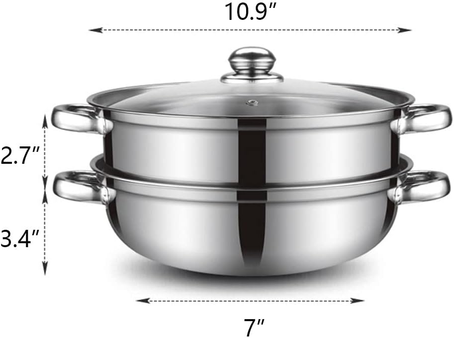 Steamer Pot for Cooking 11 inch Stainless Steel, 3-tier Multipurpose 18/8 Stainless Steel Steam Pot Cookware with Lid for Vegetable, Dumpling, Stock, Sauce, Food