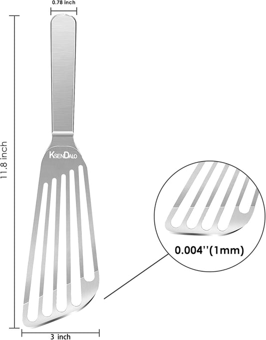 KSENDALO 1 Thin Flexible & Sturdy Fish Spatula Stainless Steel for Kitchen Cooking Use Fish Spatula Egg Flipper BBQ Flipper Stainless Steel Blade Thin Flexible, Welded Middle, Dishwasher Safe -Silver