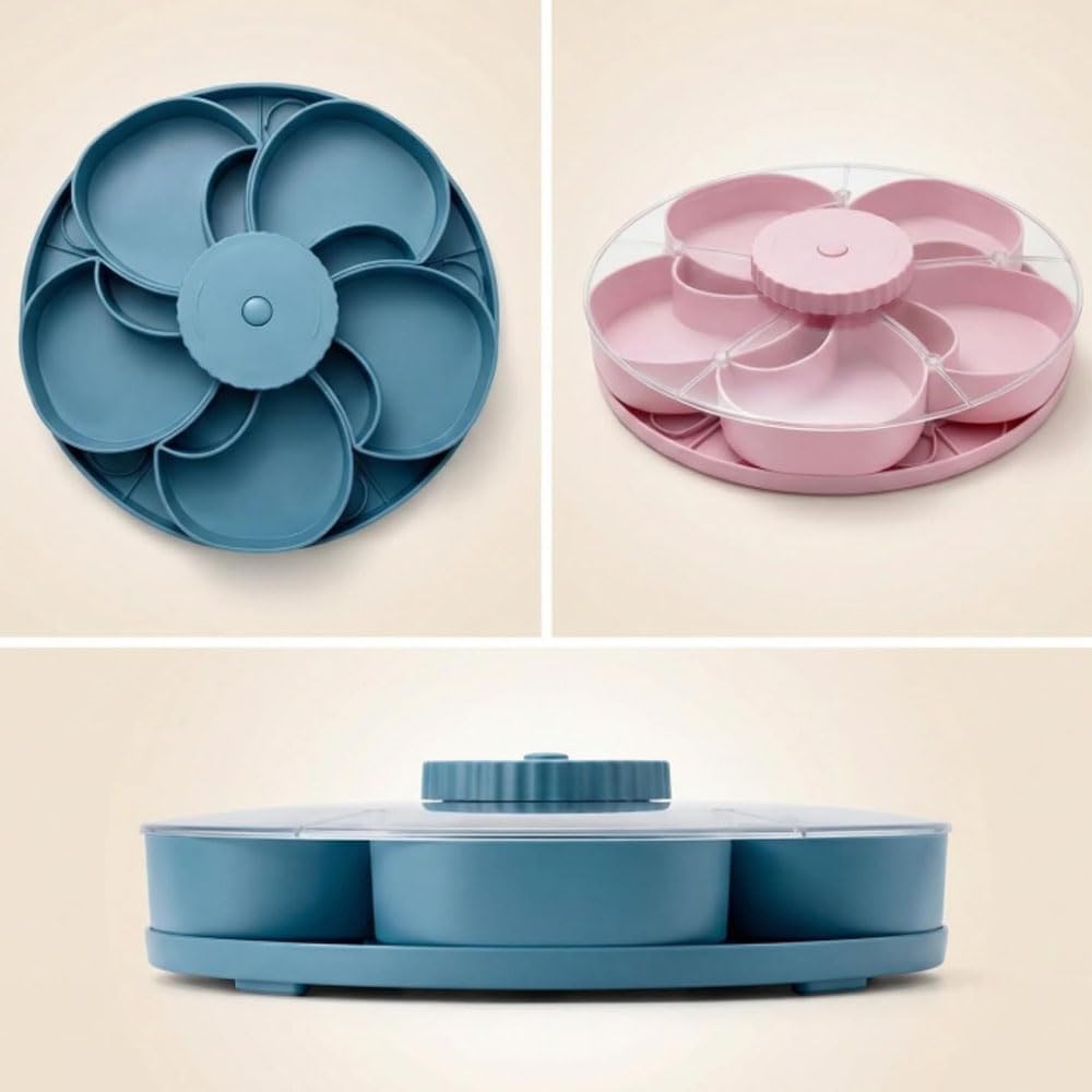 Divided Serving Tray that Spins – Multi-Compartment Rotating Snack Tray with Lid, Lazy Susan Organizer for Snacks, Dips, Fruit, Nuts, and Appetizers – Perfect for Kitchen, Travel & Picnics (Pink)