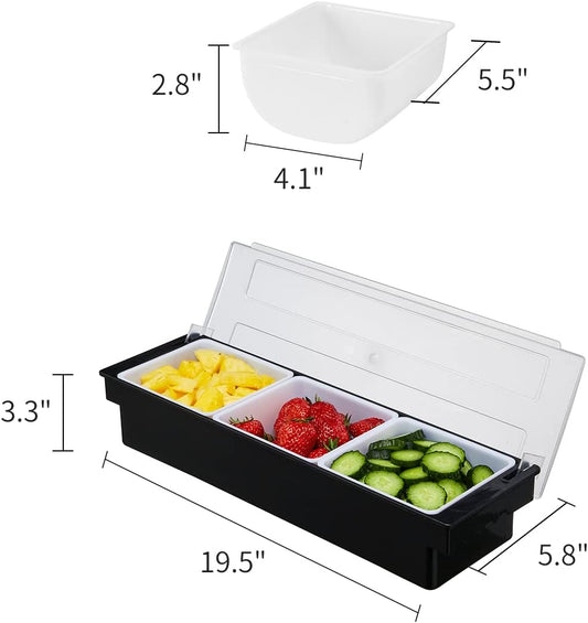Ice Cooled Condiment Serving Container-6 Compartment Chilled Garnish Tray Bar Caddy with Hinged Lid (6 Compartments)
