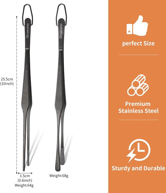 Stainless Steel Cooking Tweezers, 12-Inch Precision Kitchen Tweezers with Star Dot Texture, Wider Grip & Elevated Tips | Galaxy Grip Series, 2 Pcs (Black)