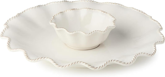 Heritage Ivory Stoneware Chip & Dip Set, 2-Piece – 15” Scalloped Serving Platter with 6” Dip Bowl (14oz) – Elegant Ripple-Edge Design for Entertaining, Snacks, & Appetizers