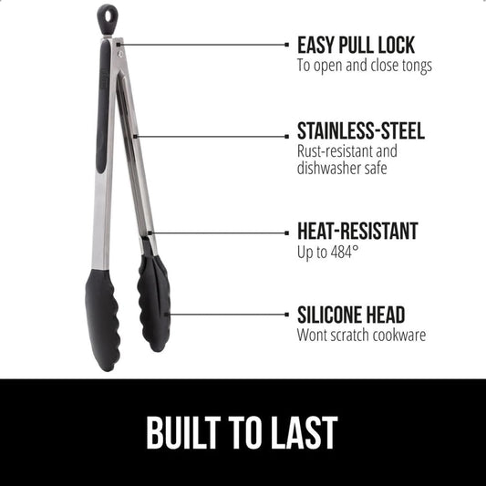 GORILLA GRIP Stainless Steel Heat Resistant Kitchen Tongs for Cooking, Set of 2 BBQ Tong, Non Scratch Silicone Tip for Pans, Strong Grip, Grab Food, Toss Salad, Air Fryer, Pull Lock, 7 + 9 Inch, Black