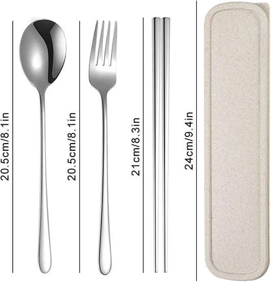 Xihuimay 3pcs Stainless Steel Chopsticks Fork Spoon Set with Travel Case Non-Slip Tabeware Pack Metal Portable Flatware Set Utensils Chinese Japanese Korean for Cooking Eating Dishwasher Safe, White