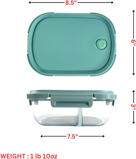 Neoflam 2 Compartment Glass Food Container with Airtight Lid – Divided Oval Bento Lunch Box with Vent, Reusable Meal Prep Storage, Microwave, Oven & Dishwasher Safe (37 oz, 1.1 Liter, 4.6 cups)