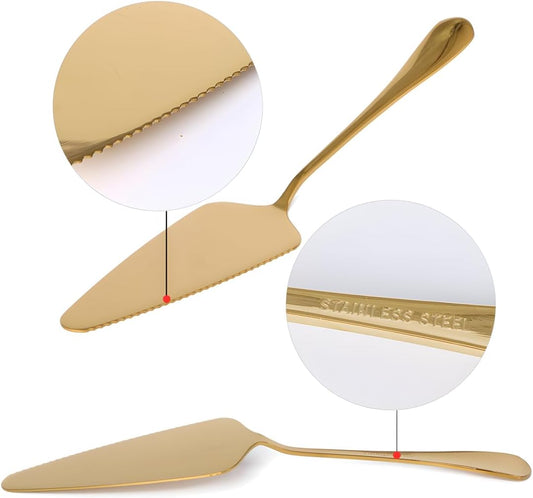 10-Pack Gold Cake Servers, 9" Stainless Steel Pie Spatula with Serrated Edge, Dishwasher Safe Pizza Utensils for Wedding & Party
