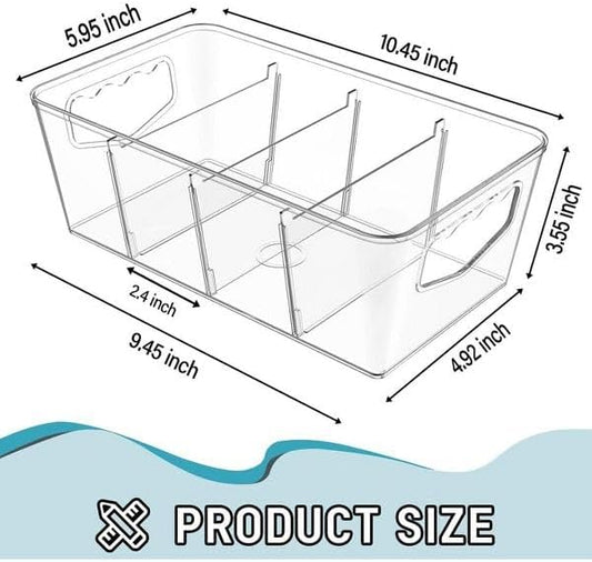 Clear Pantry Organizer Bins with Removable Dividers - Stackable Kitchen and Fridge Storage Containers, 10.45” D x 5.95” W x 3.55” H, 8-Pack