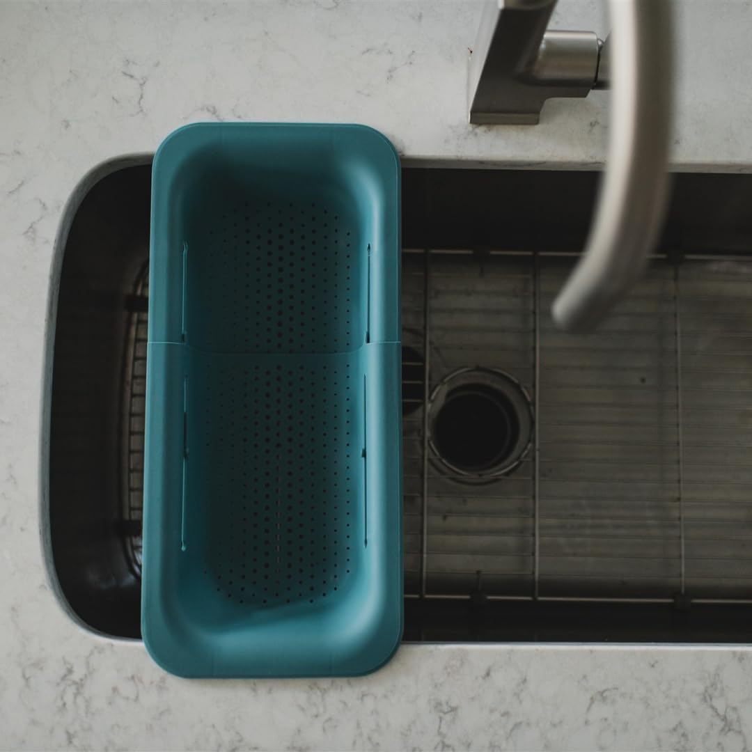 Collapsible Multi-purpose Colander - Over the sink strainer basket - Wash, Drain and Dry - Extendable 14.5-19.5 in -Teal