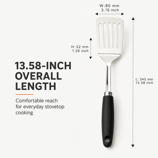 Stainless Steel Slotted Turner Spatula, Thin Edge Turner, Silver | Thin-edge Metal Spatula for Cast Iron and Stainless Steel Pans; Flips Eggs, Pancakes Burgers; Dishwasher Safe