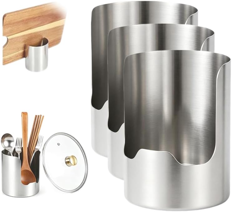 2 In 1 Multi-functional Kitchen Utensil Holder, Heavy Duty Stainless Steel Pot Lid & Spoon Rack Space-Saving Vertical Stand for Spatulas, Tongs, Ladles, Countertop Organizer,1 Psc