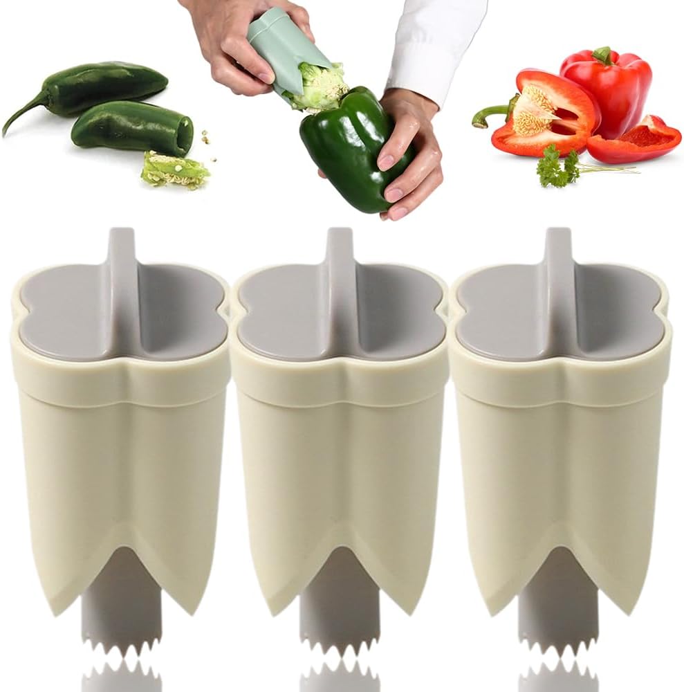 Pepper Seed Corer Remover, 2025 Upgrade 2 in 1 Bell Pepper Cutter Seed Remover Tool, Quick Cut and Deseed Bell Fruit Pepper Corer for Vegetables Kitchen Gadget (1, Green)