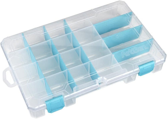 ArtBin 6944AG Medium Anti-Tarnish Box with 15 Removable Dividers, Jewelry & Craft Organizer, 1 Plastic Storage Case with Anti-Tarnish Technology, Clear with Aqua Accents 10.875” x 7.0” x 1.75”