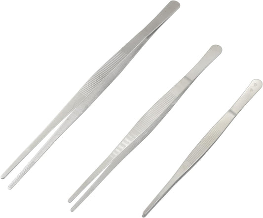 3-Pack Long Tweezers, 8", 10", 12" | Precision Serrated Straight Tips, 304 Stainless Steel, Non-slip, For Cooking, Repair & Garden Use