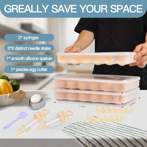 2-Layer Deviled Egg Containers With Lid,36pcs Easter Deviled Egg Tray Carrier with Handl Injector Piping Tool,Portable Stackable Egg Holder Platter Holder Organizer for Refrigerator Party Picnic Event