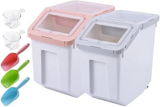 RUIAN Dog Food Storage Container Airtight Dry Cat Food Bin with Measuring Cup and Handle, Holds About 10-20 lb Depending on Kibble Size, BPA Free Pet Food Storage Container(Grey&Pink, 2Pcs)