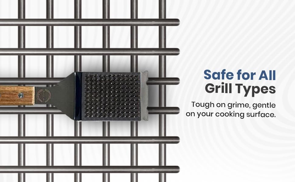 Strong BBQ Grill Brush and Scraper – Heavy-Duty Grill Cleaner with Long Wooden Handle & Replaceable Stainless Steel Bristles – Fast Deep Cleaning, Safe for All Grills – No-Scratch Outdoor Grill Brush