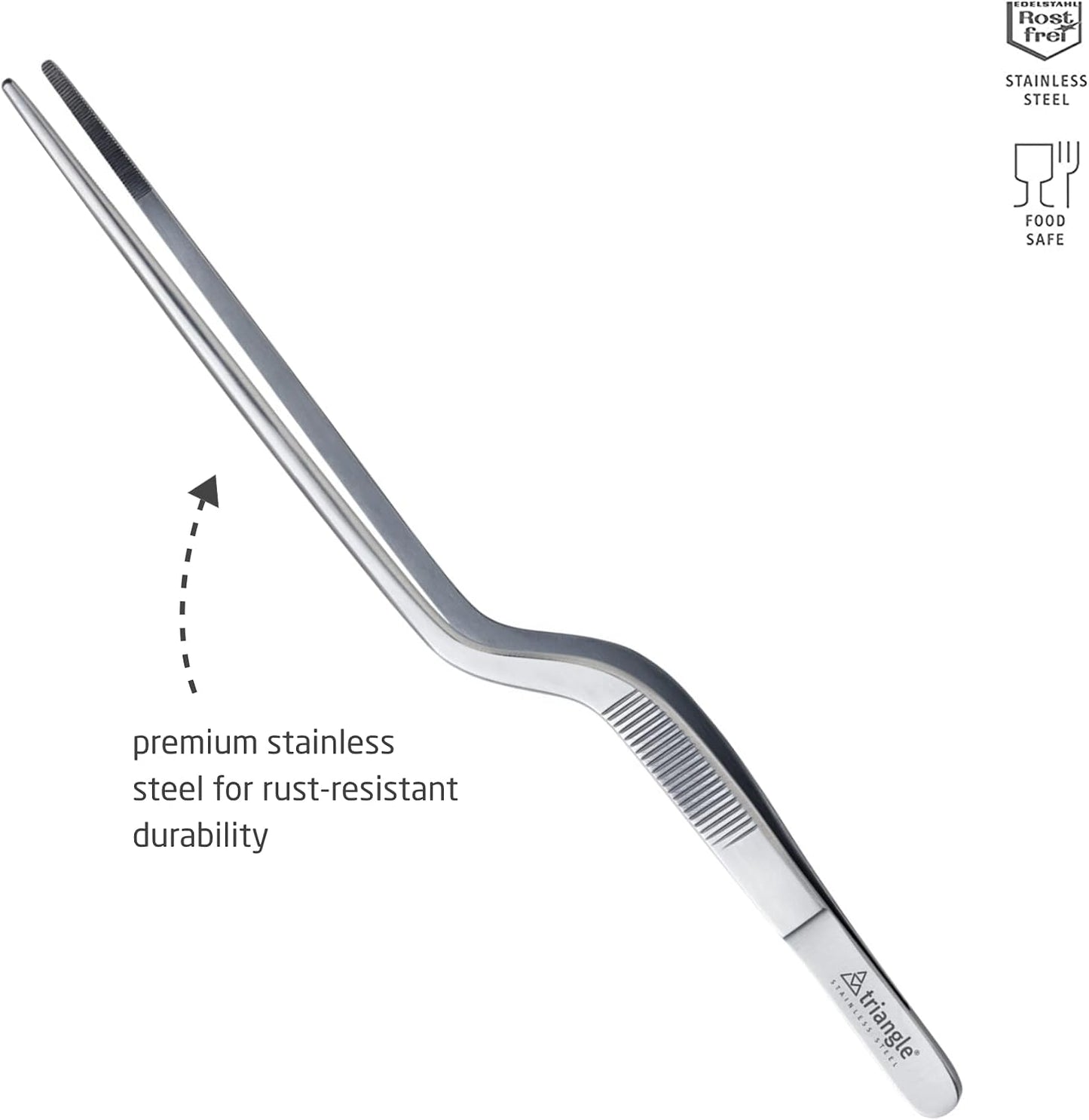 triangle Double Cranked Tweezers - 7.9 in. (20 cm) - Stainless Steel Culinary Tweezers for Serving & Plating Fine Cuisine - Dishwasher Safe