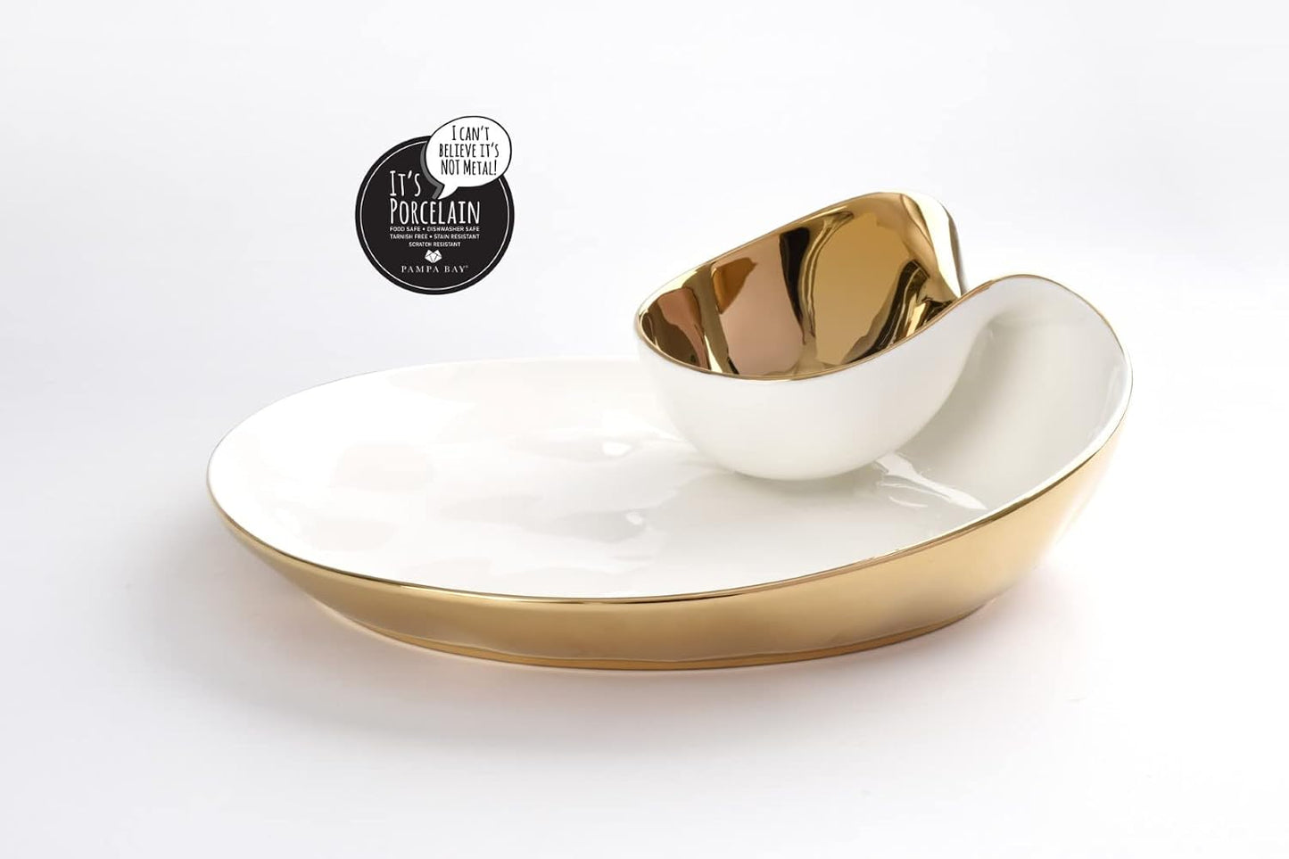 Pampa Bay Titanium-Plated Porcelain Chip and Dip, 12 x 10 Inch, Gold/White Tone, Oven, Freezer, Dishwasher Safe