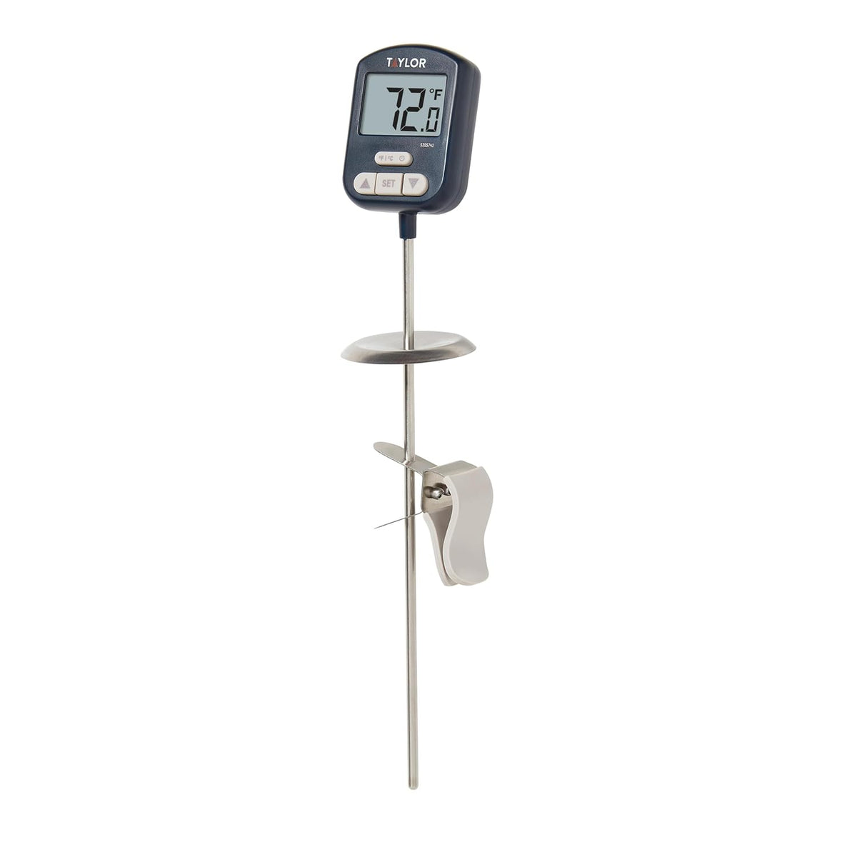Taylor Programmable Digital Candy and Deep Fry Thermometer with Green Light Alert Display, Long Stem, and Adjustable Pan Clip, White