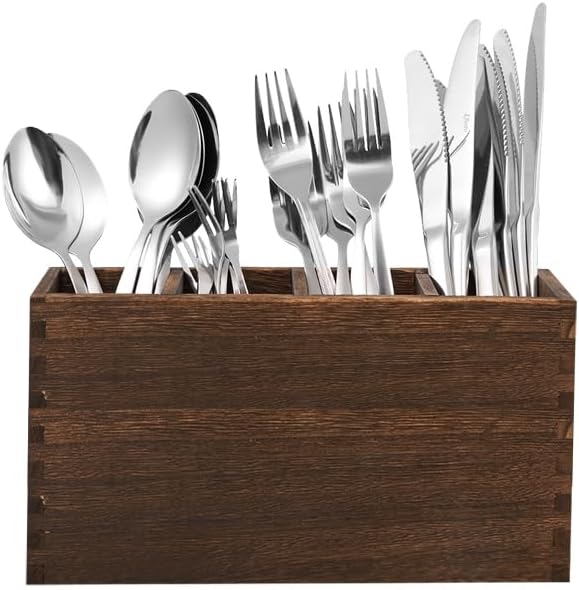 WuGeShop Wood Cutlery Caddy, Kitchen Utensil Organizer with 4 Compartments, Silverware Storage Kitchen Countertop Flatware Organizer
