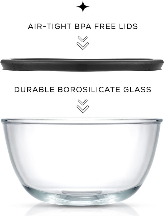 JoyJolt Kitchen Mixing Bowls - 8pc Glass with Lids Set – Neat Nesting Large Bowl Batter Cooking Storage and Big Salad BPA-Free Black