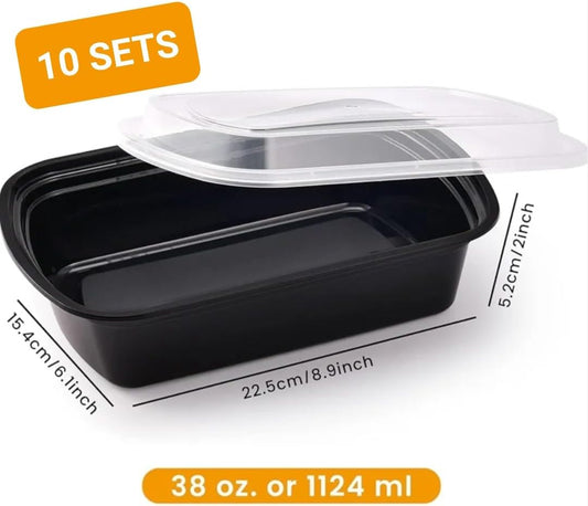 Meal Prep Food Storage Containers with Lids, Pack of 10, Black, Plastic, 38 Oz Capacity, 8.9x6.1x2 Inch, Reusable Lunch Box