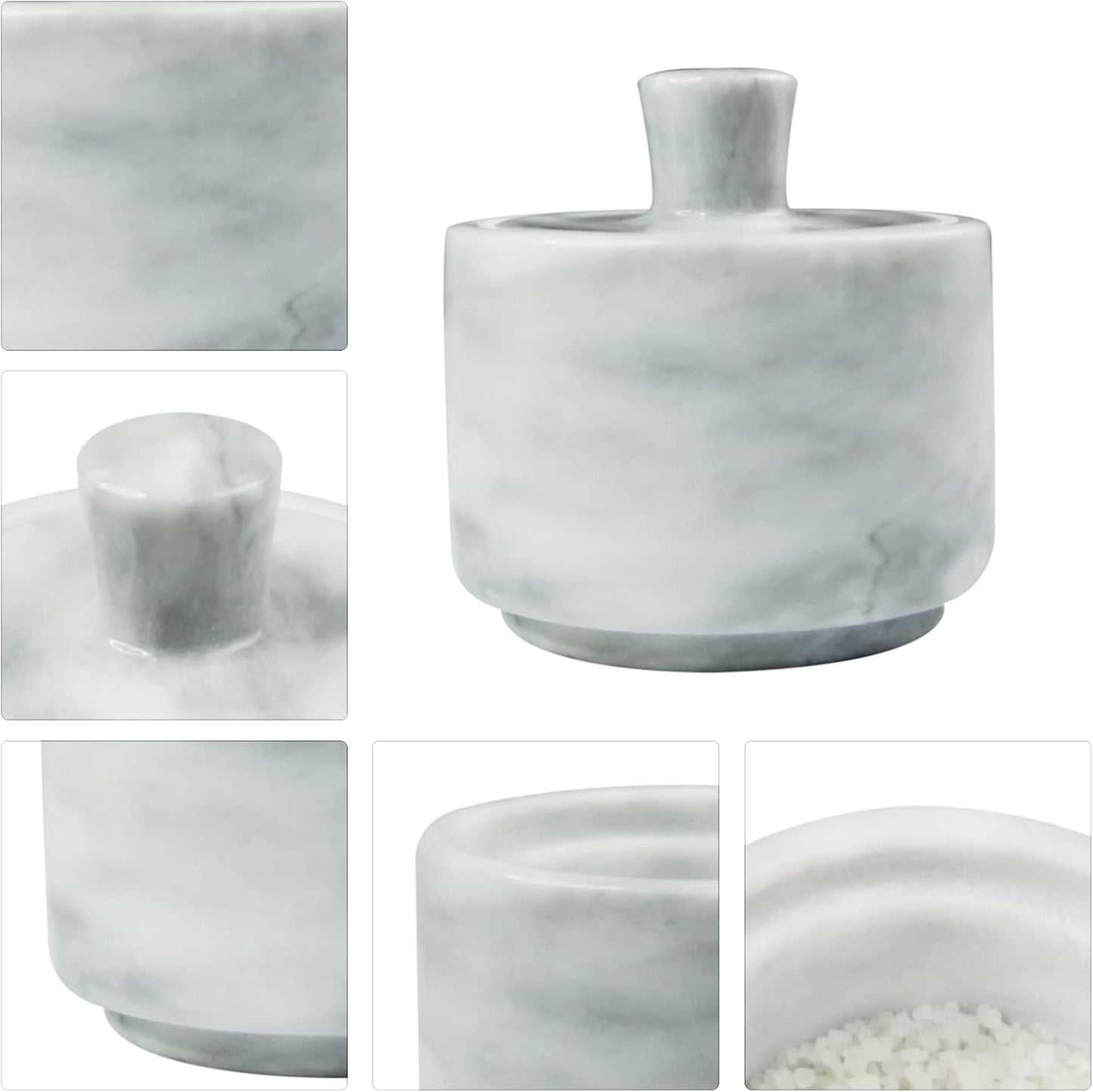 Marble Salt Cellar with Lid, White and Black Stone Salt and Pepper Bowl Box Container Jar Holder Well Keeper Dish Pig Crock