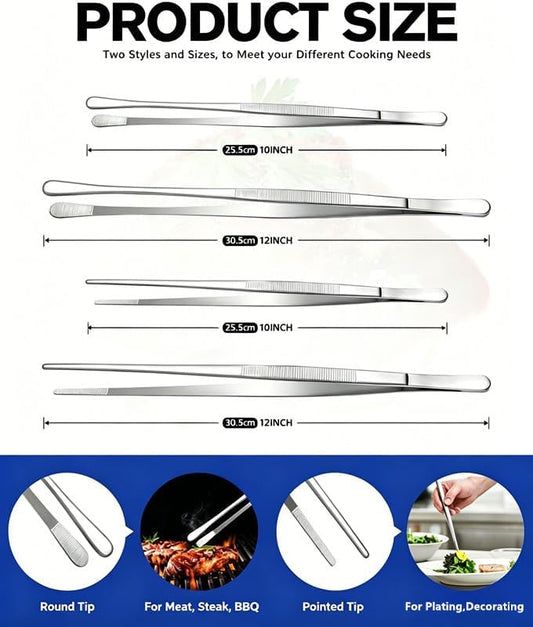 12 Inch & 10 Inch Long Kitchen Tweezers Tongs Set, Stainless Steel Precision Cooking Tweezers for BBQ, Seafood, Food Plating, Grilling and Kitchen Cooking Tools (white, Tongs 12 x 10)