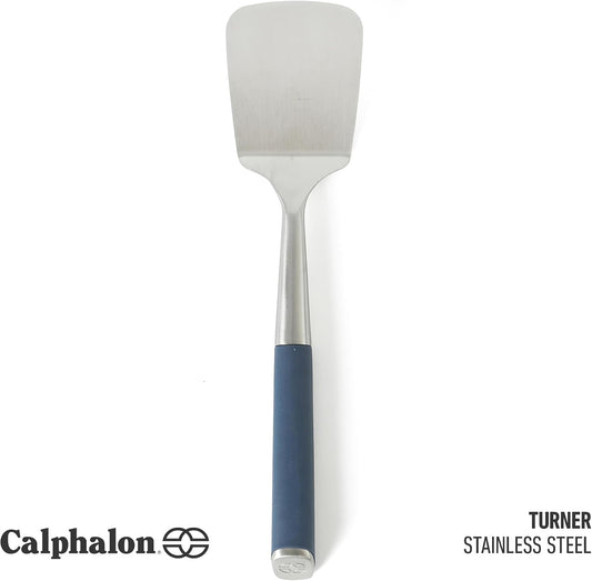 Calphalon Solid Turner, Cooking Spatula, Kitchen Spatula, Stainless Steel Turner with Silicone Heat Resistance Handle, Nonstick-Safe Spatula with Ergonomic Handle (Navy)