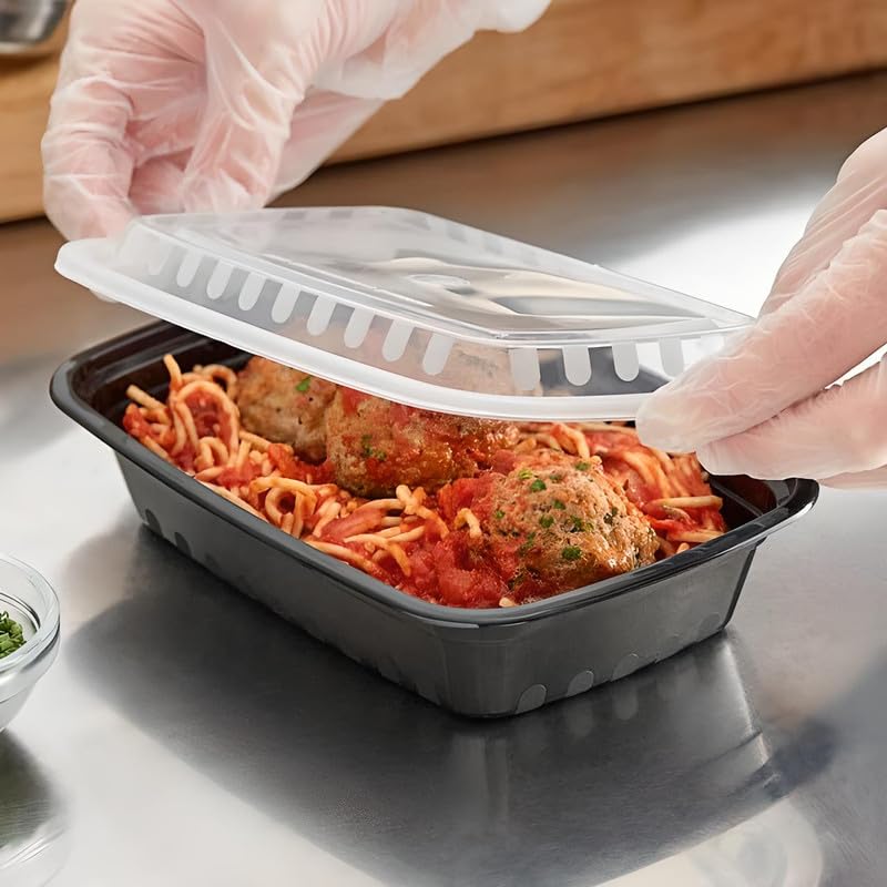 OCS Parts 10-Pack Heavy Duty Microwavable Food Prep Containers | 38-Ounce Disposable Reusable Black Plastic Food Storage Container with Lid for Leftovers, Lunch, and Takeout
