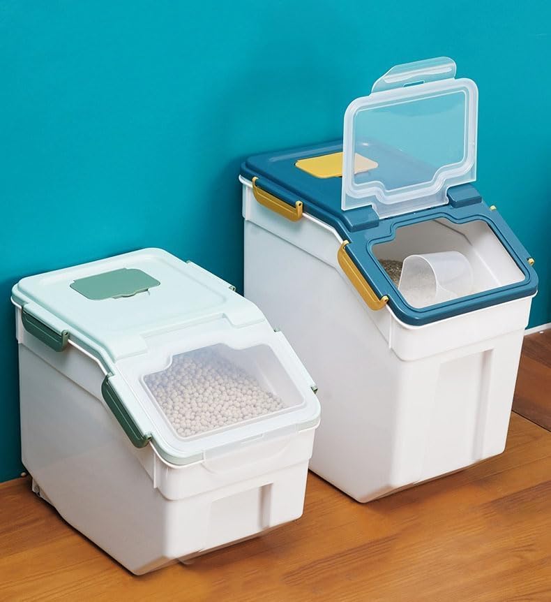 AnRui Airtight Flour Storage Container 25lb, Plastic Grain Storage Bucket, Rice Cereal Dispenser Organizer Box with Lid, Cat Dog Food Storage Bin with Measuring Cup, Scoop, Wheels, 2Pcs Green