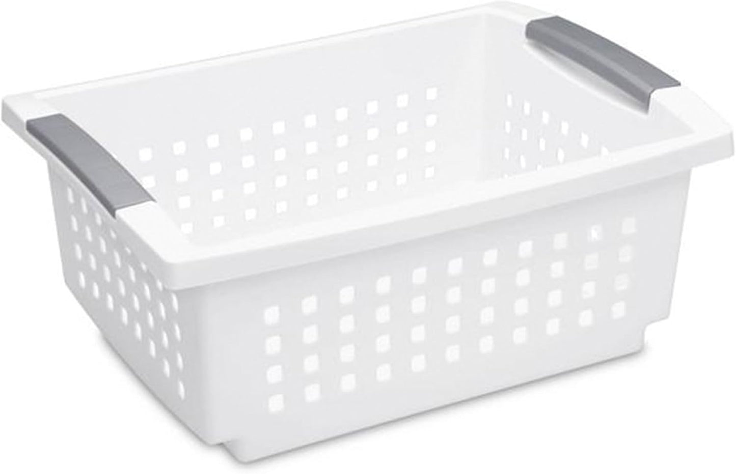 Sterilite Medium Stacking Basket, Plastic Storage Bin to Organize Countertops, Shelves, Closets, Classroom, Bathroom, and Dorm, White with Gray Handles, 4-pack