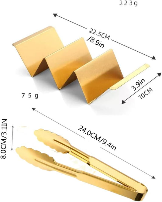4 Pcs Gold Taco Holders Set with 1 Food Tong, Stainless Steel Taco Stand with Handles for Party, Holds Up to 3 Tacos Each, Dishwasher Oven safe
