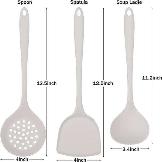 Silicone Kitchen Utensil Set - 3 Piece Cooking Tools (Spatula, Soup Ladle, Slotted Spoon) - Heat Resistant, Non-Scratch, Food Grade Silicone for Non-Stick Pots & Pans (White - 3 Pcs)