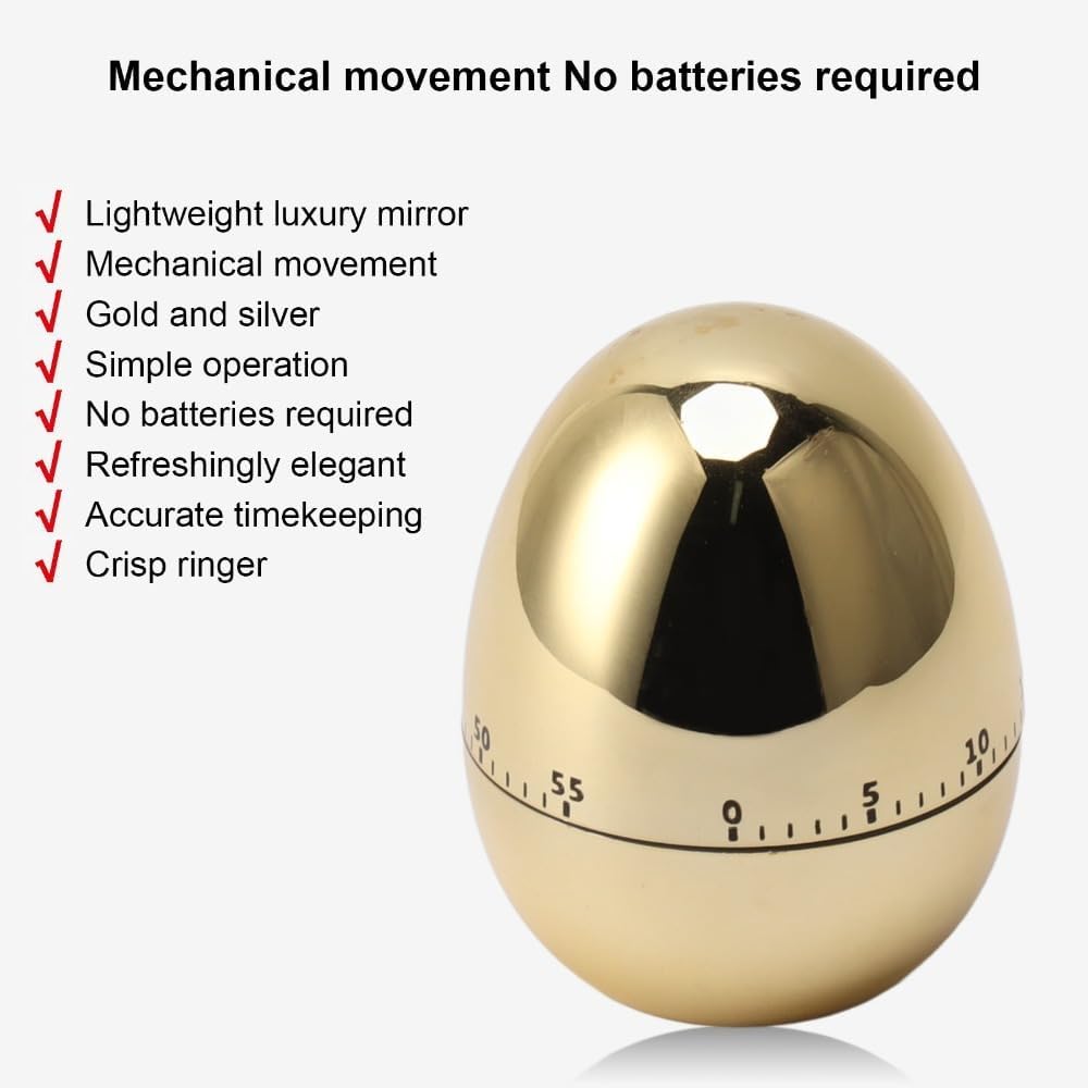 60-Minute Mechanical Kitchen Timer – Audible Alarm Egg-Shaped Design Wind-Up Alarm Clock for Cooking Baking and Study(Gold)