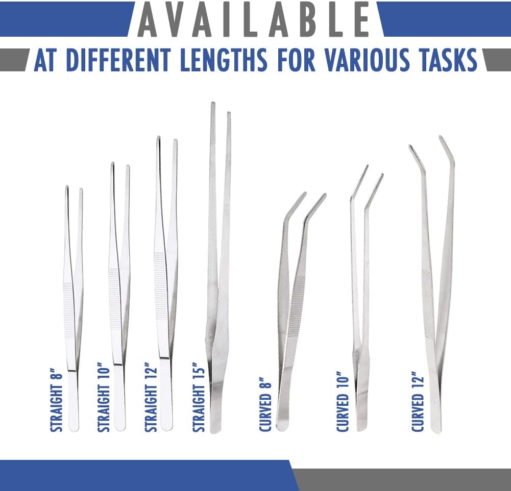 2 Pcs Straight and Curved Tip Tweezers 12 Inch, Stainless Steel Precision Tweezers Set with Serrated Tips Comfortable Ridged Handle, Tweezer Tongs for Cooking Repairing with Essential Tweezer Ebook